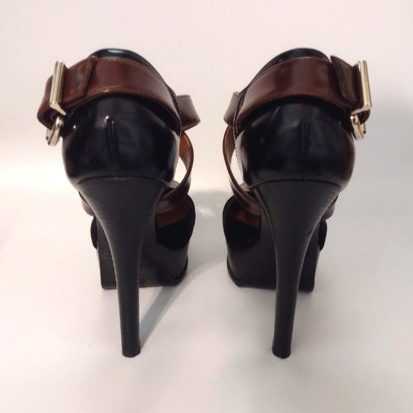 Fendi FF L ogo Black & Brown Criss Cross Platform Heels - Picture 6 of 12